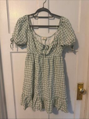 Green Gingham Puff-Sleeve Mini Dress